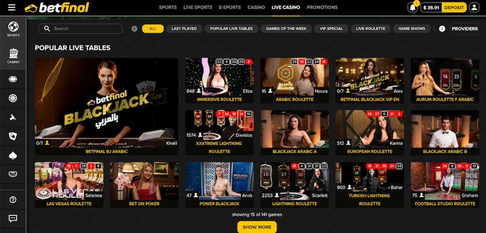 betfinal live casino section