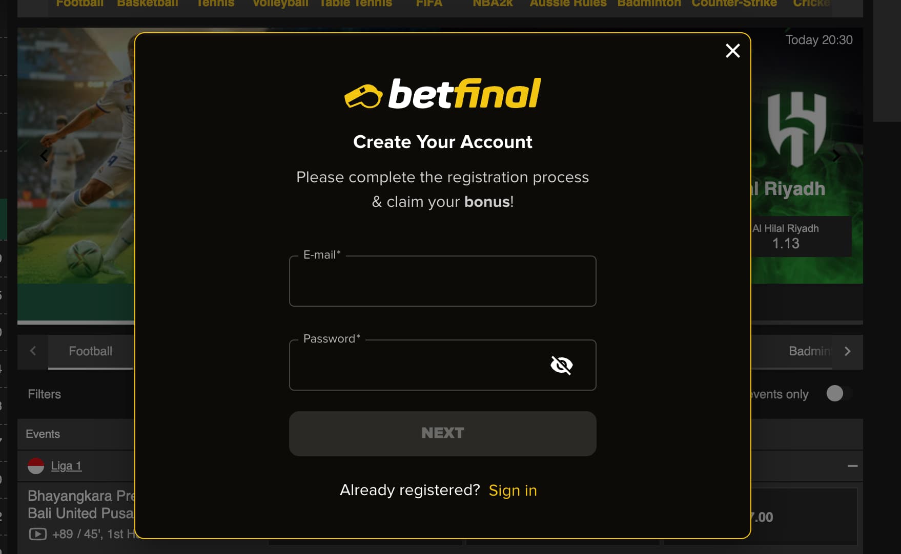 betfinal registration step 1