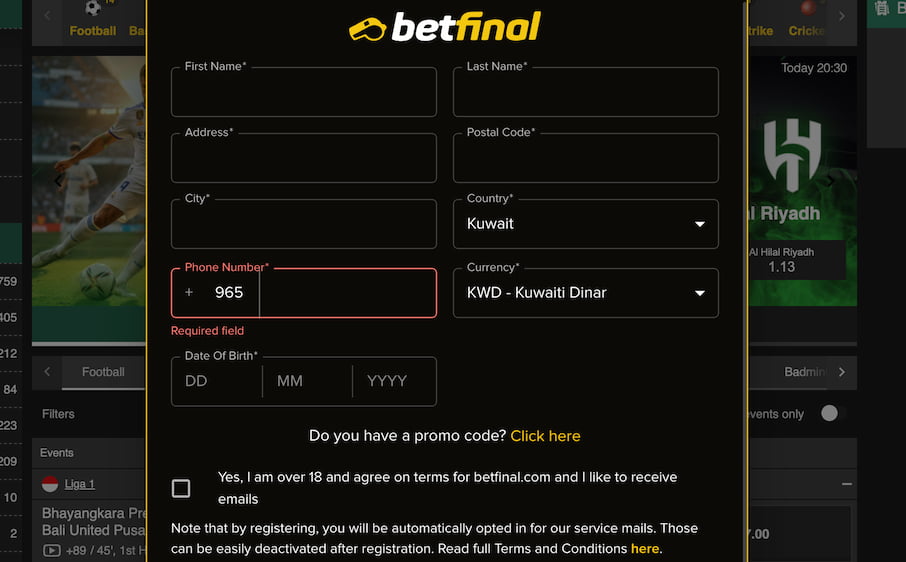 betfinal registration step 2