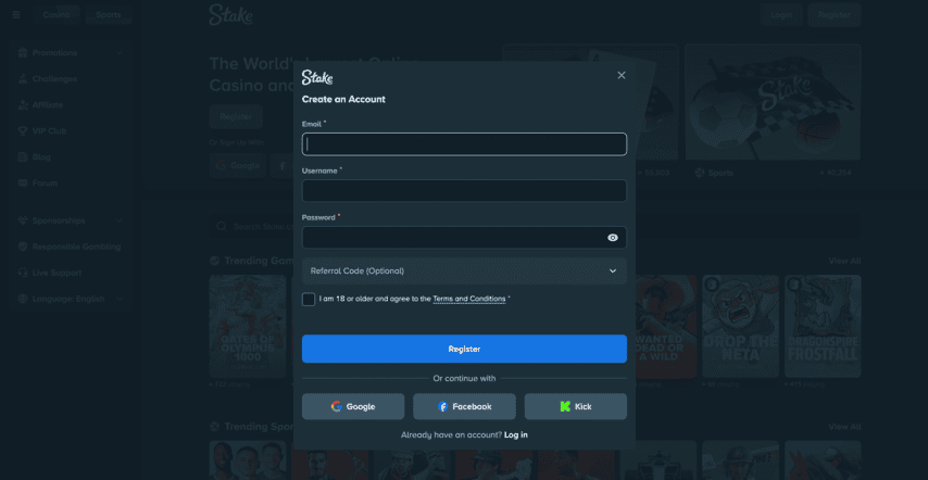 Register in Stake Casino - Step 2