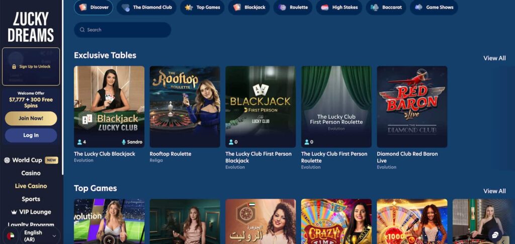 luckydreams live casino section