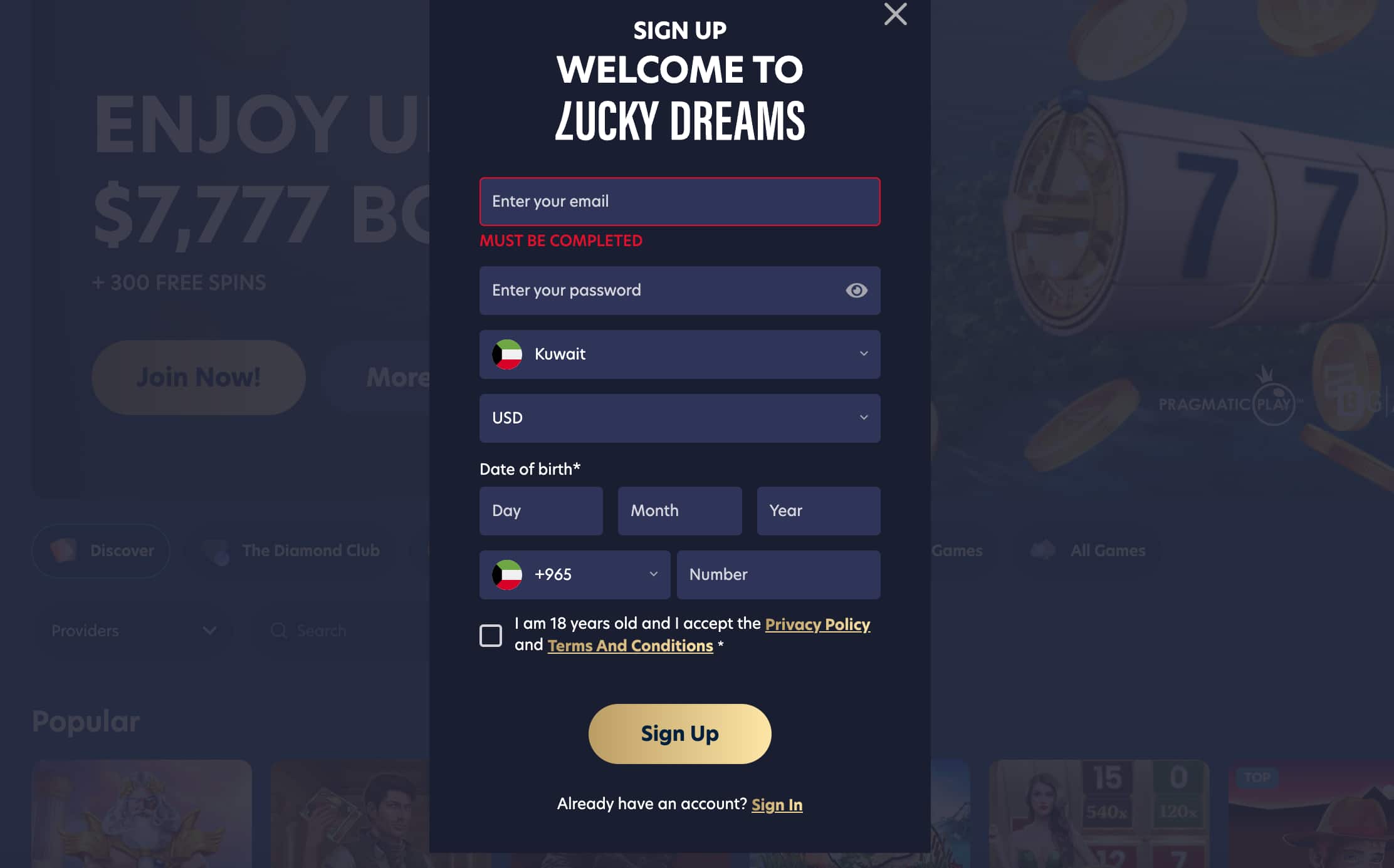 screenshot of lucky dreams casino registration